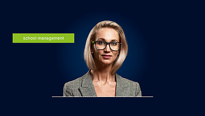 Attentive school principal with blond bob and glasses on dark blue background with green lettering "school management"