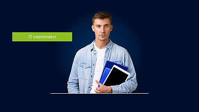 Young IT coordinator with books under his arm on a dark blue background with green lettering "IT coordinator"