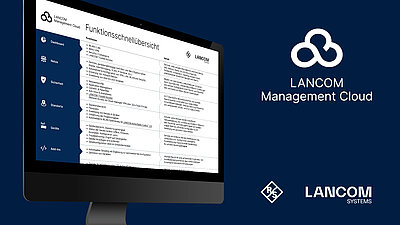 Dark blue banner for the infographic “Functional overview and added value of the LANCOM Management Cloud”: Stylish, modern, black monitor on the left with the image of the infographic on the screen (table-like view of the navigation menu of the LANCOM Management Cloud, including the respective functions and advantages), white logo of the LANCOM Management Cloud at the top right and white logo of LANCOM and Rohde & Schwarz at the bottom right