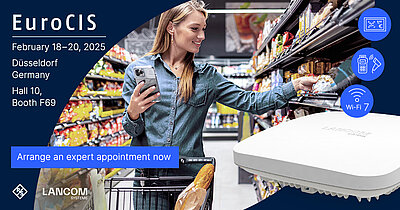 Woman in a supermarket uses a smartphone to select a product from a shelf. In the foreground an access point from the LANCOM LX-7200 series. Information: EuroCIS from 18.-20.02.2025 in Düsseldorf, Hall 10, Stand F69