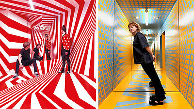 Two optical illusion rooms: left red-white striped with mirrors, right yellow-blue dotted with a leaning person. 