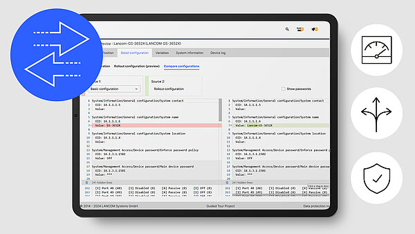  Screenshot of the LANCOM Management Cloud with the setting options for configuration comparison and 4 icons for convenience, flexibility and security