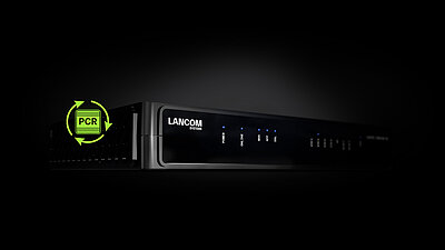 Black CPE housing from LANCOM on a black background with a green icon containing PCR.