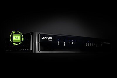 Black CPE housing from LANCOM on a black background with a green icon containing PCR.