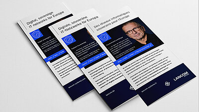 Advertising banner for the LANCOM short profile: The one-page document can be seen in a superimposed fan in German, English and French on a gray background