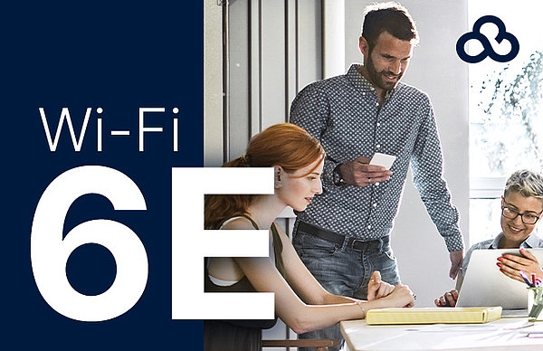 Picture of three people during work with lettering Wi-Fi 6E