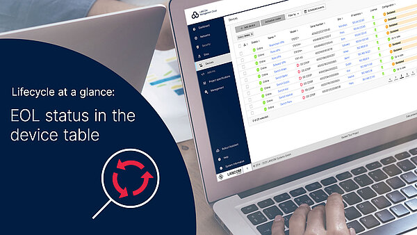 Lifecycle at a glance: EOL status in the device table Screenshot of device table with magnifying glass icon and lifecycle