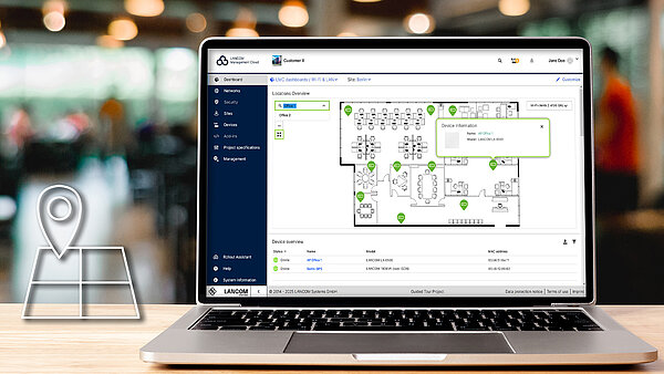 Screenshot of a floor plan in the LMC on a laptop and an icon with a location to the left of it