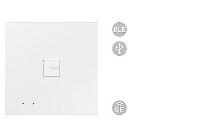 Product photo LANCOM LX-6500 with feature icons (Wi-Fi 6E, BLE, USB)