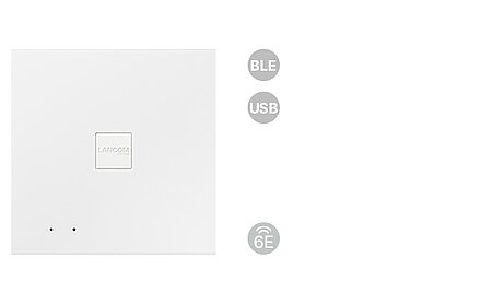 Product photo LANCOM LX-6500 with feature icons (Wi-Fi 6E, BLE, USB)