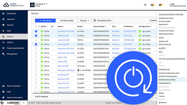Device reboot in scheduled events Screen with scheduling menue an blue icon for reboot