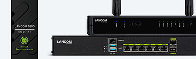 Collage of LANCOM Routers and SD-WAN products with blackline lettering