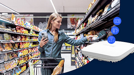 Woman in a supermarket uses a smartphone to select a product from a shelf. In the foreground, a LANCOM LX-7200 access point.