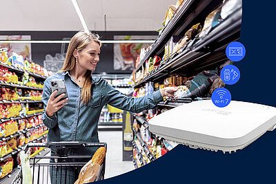 Woman in a supermarket uses a smartphone to select a product from a shelf. In the foreground, a LANCOM LX-7200 access point.