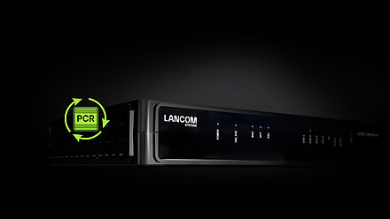 Black CPE housing from LANCOM on a black background with a green icon containing PCR.