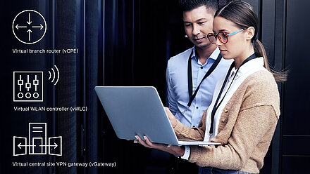 LANCOM vRouter Two employees look at a laptop, icons of the vCPEs, vWLCs and vGateways are shown next to it