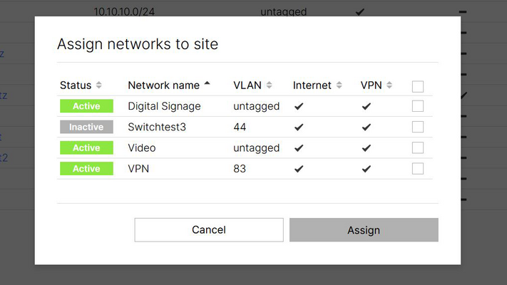 Screenshot: Assign network to a location