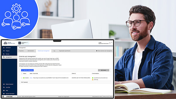 Secure user management via an identity provider Monitor with configuration interface, man sitting in front of his monitor, and blue Icon