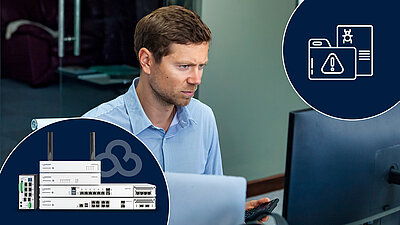 A man looks anxiously at a screen; the LANCOM R&S®Unified Firewalls and the LANCOM Management Cloud logo can be seen at the bottom left, and an icon for SIEM is shown in a blue circle at the top right