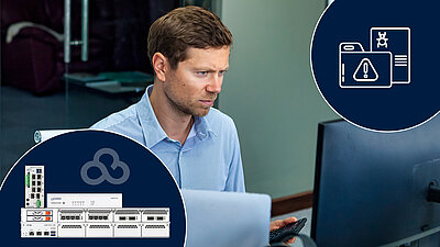 SIEM integration service for cloud-managed LANCOM R&S®Unified Firewalls A man looks anxiously at a screen; the LANCOM R&S®Unified Firewalls and the LANCOM Management Cloud logo can be seen at the bottom left, and an icon for SIEM is shown in a blue circle at the top right