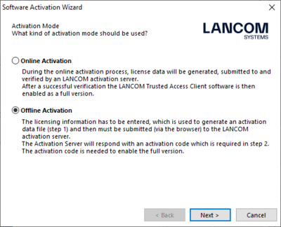 Screenshot of the offline activation of the LANCOM Advanced VPN Client