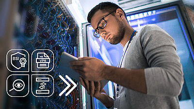 Integrated network security in LANCOM products IT technician checks server with tablet, feature icons for integrated network security displayed next to it