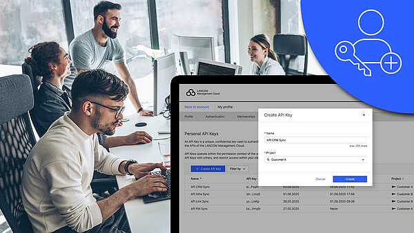User-bound API keys for easy integration of third-party applications Image with focus on screenshot of the new API application on a monitor, icon, and people in the office in the background