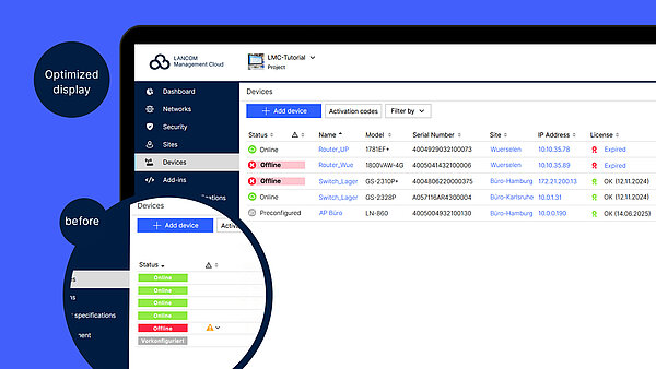 Screenshot of the new device view in the LMC with the comparison in the circle to the old design