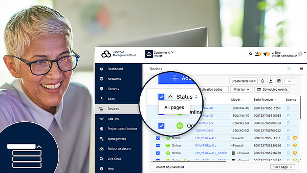 Convenient event planning for enterprise environments Image showing a smiling woman, a LANCOM Management Cloud screenshot of the device table with focus on the “All Pages” button, and an icon in the left corner to visualize the button