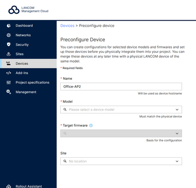 Screenshot: Preconfigure devices in the LMC