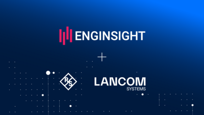 LANCOM IT Security Partner - Enginsight Logos of Enginsight and LANCOM Systems as partners in the LANCOM IT Security Ecosystem on a blue background.