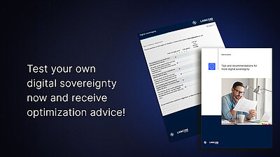 Two-part advertising banner with dark blue background, white text on the left and an image collage on the right; text on the left: “Test your own digital sovereignty now and receive optimization suggestions!”; image collage on the right: image of a digital sovereignty test in which you have to rate your own digital sovereignty on various topics and cover image of an info paper on recommendations for action to optimize digital sovereignty; on it is a photo of a man reading a document in front of a laptop