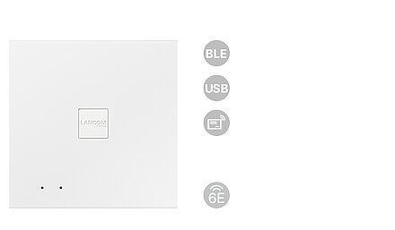 Product photo LANCOM LX-6500E with icons for Bluetooth, USB, and Wi-Fi 6E