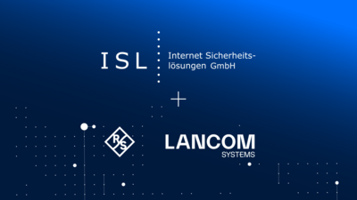 LANCOM IT Security Partner - ISL Internet Sicherheitslösungen GmbH Logos of ISL and LANCOM Systems as partners in the LANCOM IT Security Ecosystem on a blue background.