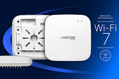 LANCOM LW-700 Front and back view of a LANCOM Wi-Fi 7 access point with text: “Optimal cost-performance ratio”.
